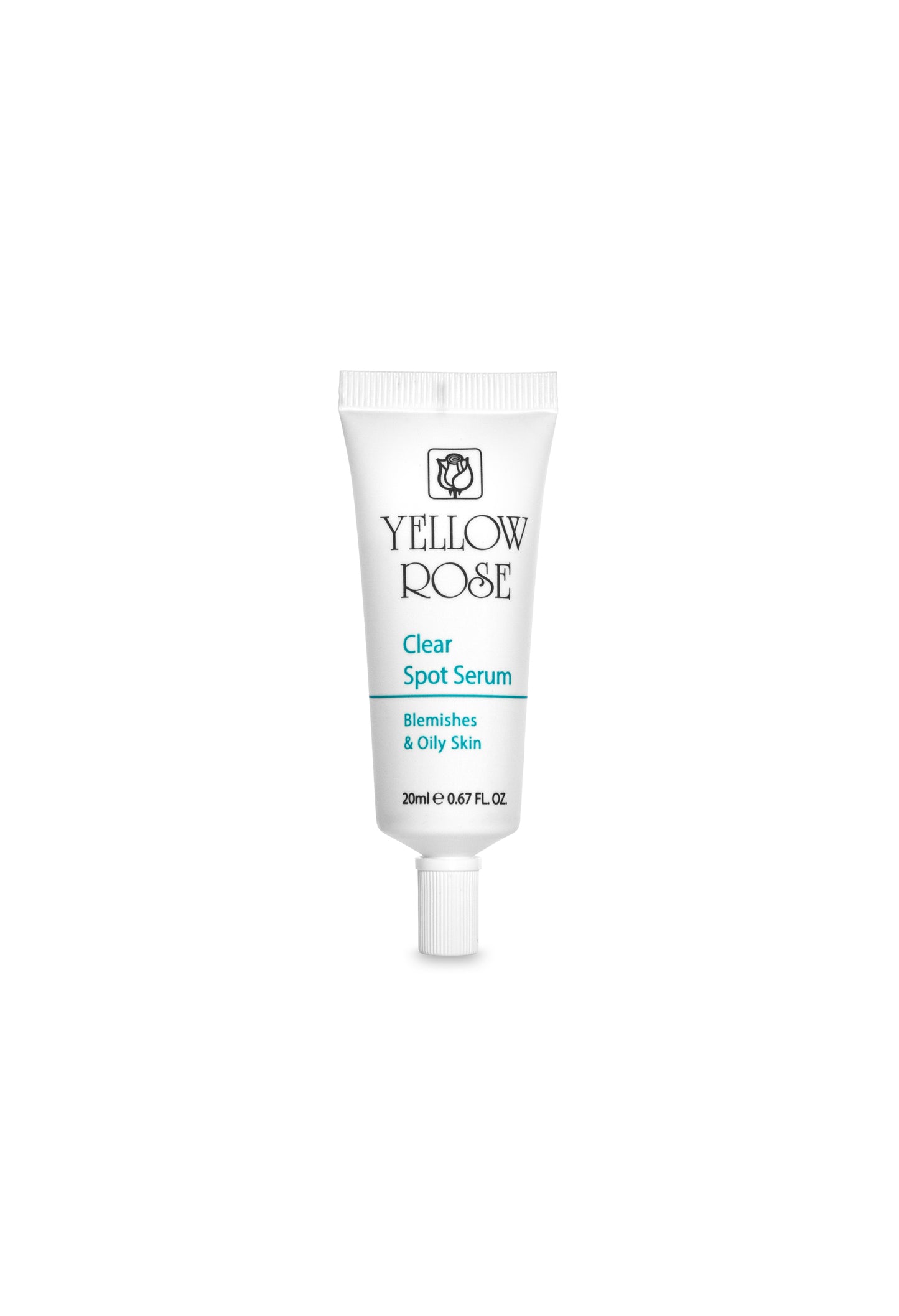 A tube of YELLOW ROSE Clear Spot Serum with a white and yellow label, 20ml in size.