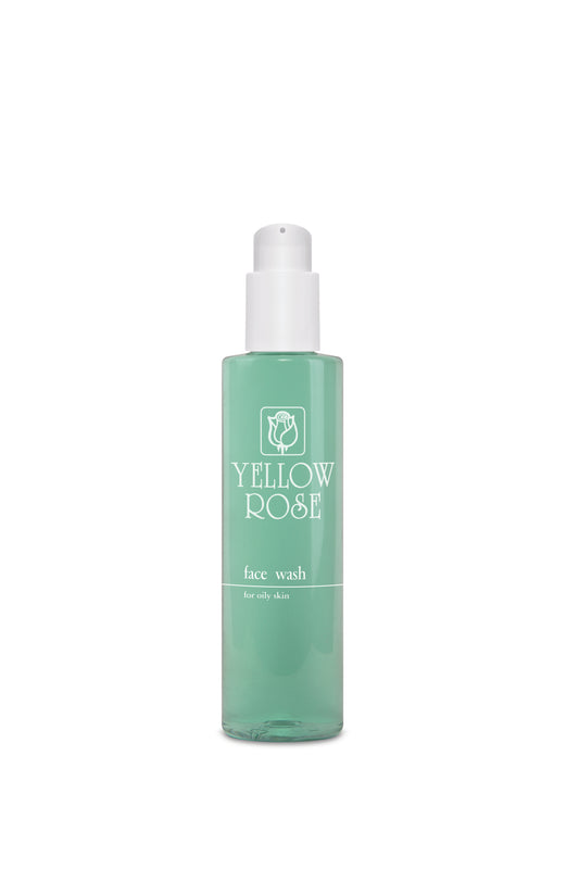 A pump bottle of Yellow Rose facial cleanser gel for oily skin, with a green label and cap.