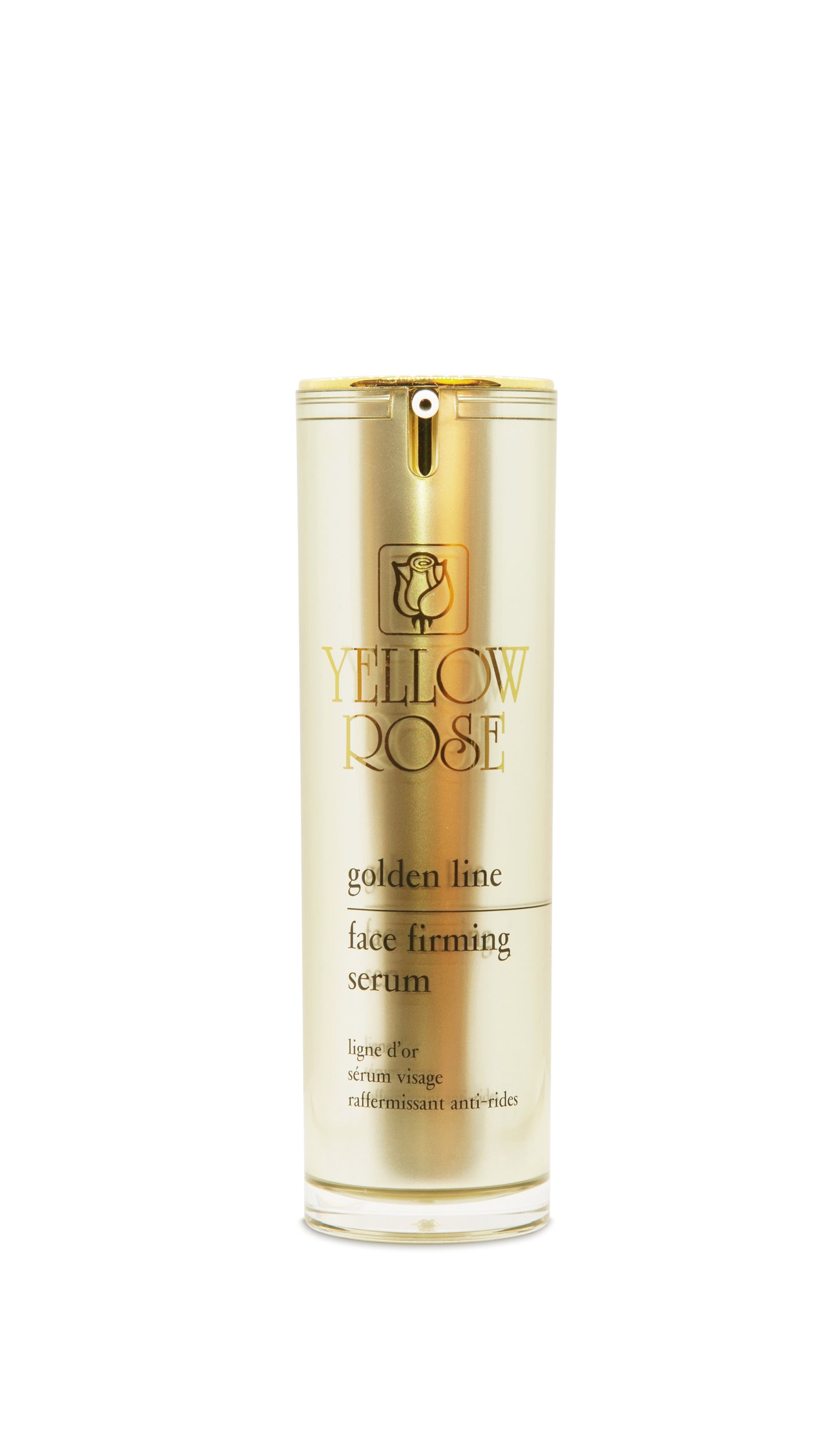 A bottle of YELLOW ROSE Golden Line Face Firming Serum with a golden cap and label, designed for skin care.