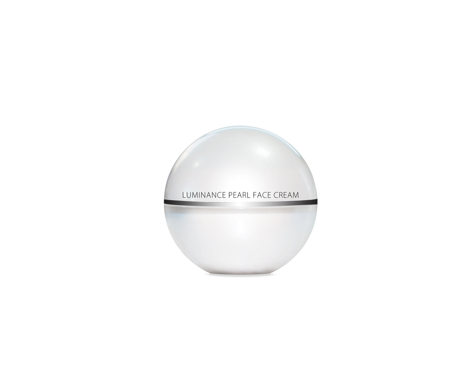 A jar of LUMINANCE PEARL FACE CREAM with a white and silver label, spherical in shape, against a white background.