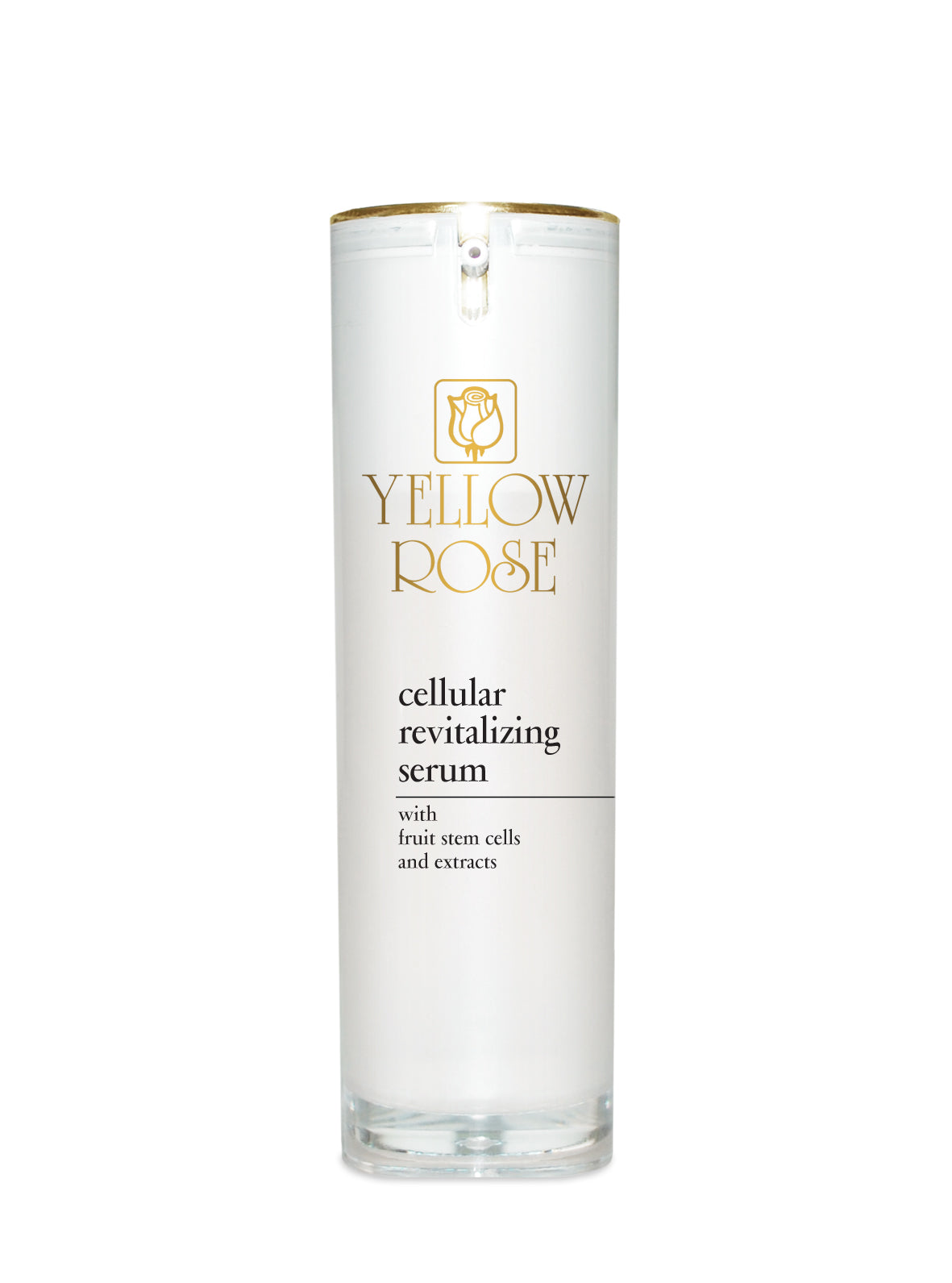 A clear glass bottle with a gold-colored cap, labeled 'YELLOW ROSE CELLULAR REVITALIZING SCUM' from the brand's Cellular Revitalizing series.
