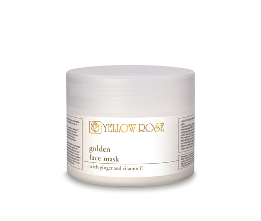 A jar of YELLOW ROSE Golden Face Mask with text indicating it is enriched with ginger and vitamin C, intended for exfoliation and revitalization.