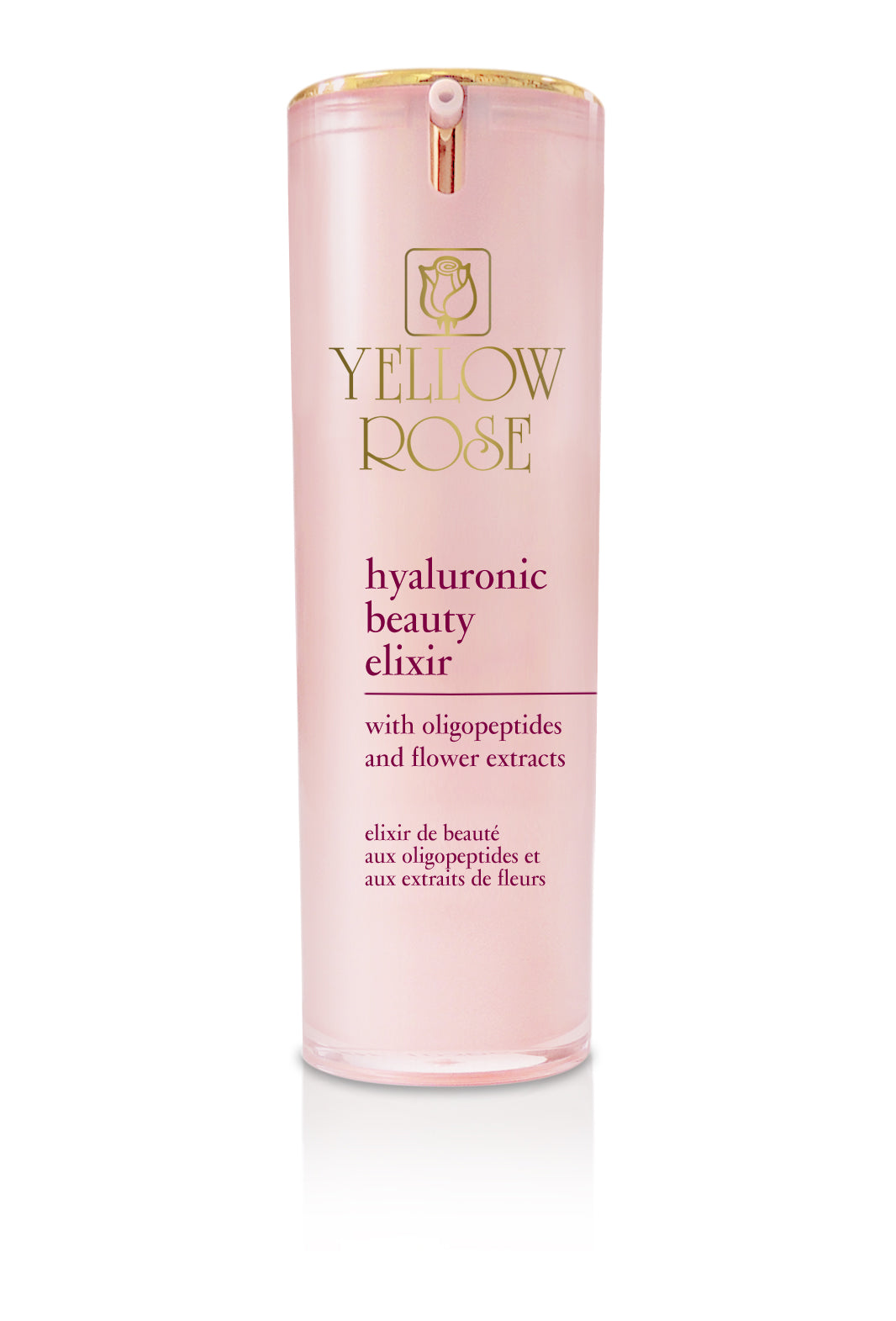 A pink tube of YELLOW ROSE Hyaluronic Beauty Elixir with hyaluronic acid, vitamin E, collagen and royal jelly extracts.