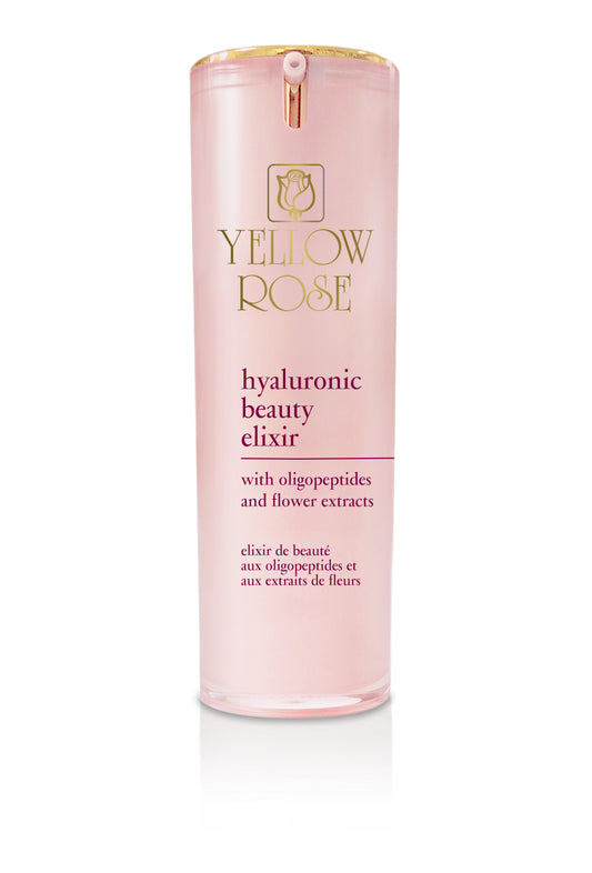 A pink tube of YELLOW ROSE Hyaluronic Beauty Elixir with hyaluronic acid, vitamin E, collagen and royal jelly extracts.
