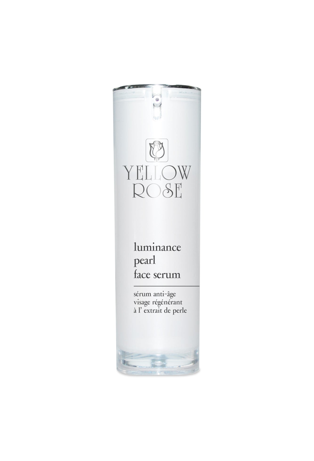 A clear bottle with a silver cap labeled 'YELLOW ROSE LUMINANCE PEARL FACE SCREAM'.