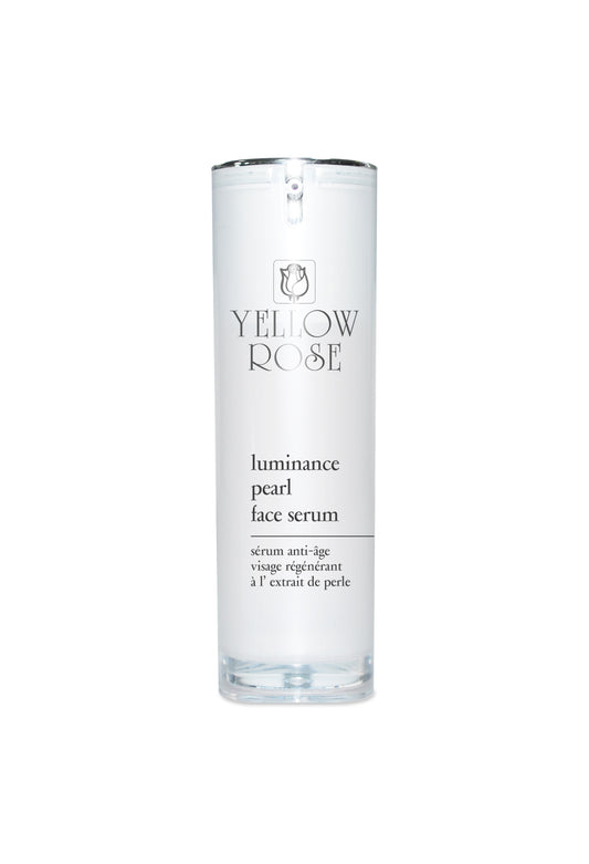 A clear bottle with a silver cap labeled 'YELLOW ROSE LUMINANCE PEARL FACE SCREAM'.