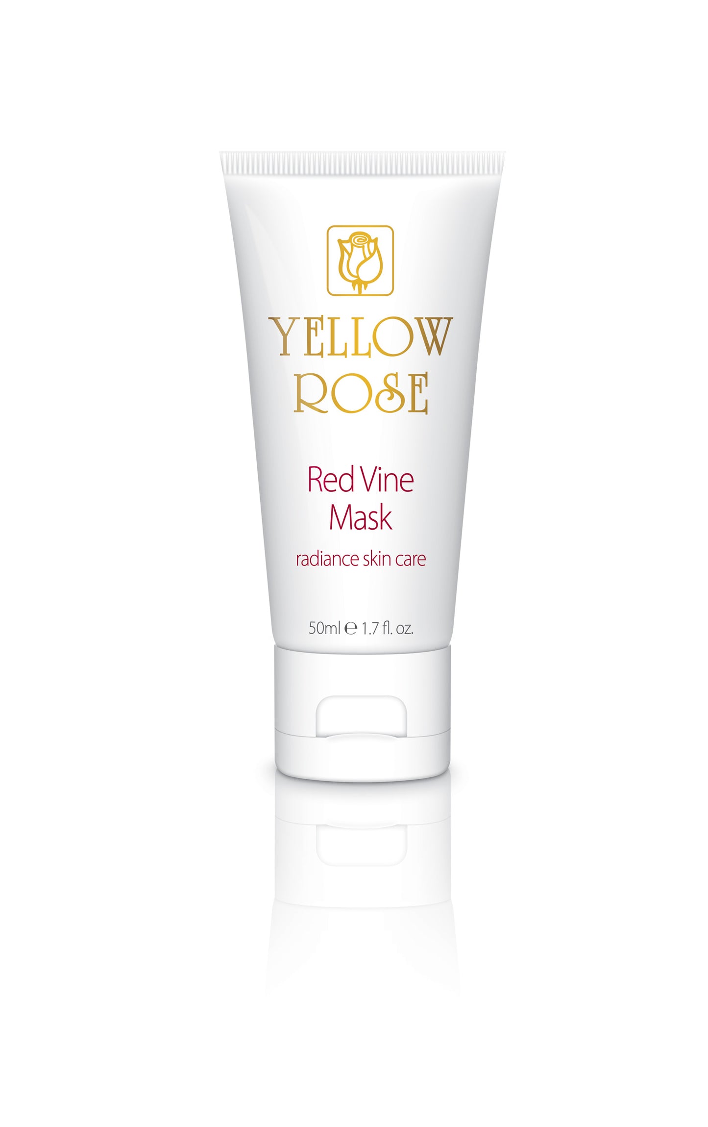 A tube of YELLOW ROSE Red Vine Face Mask, with the product name and a brief description visible.