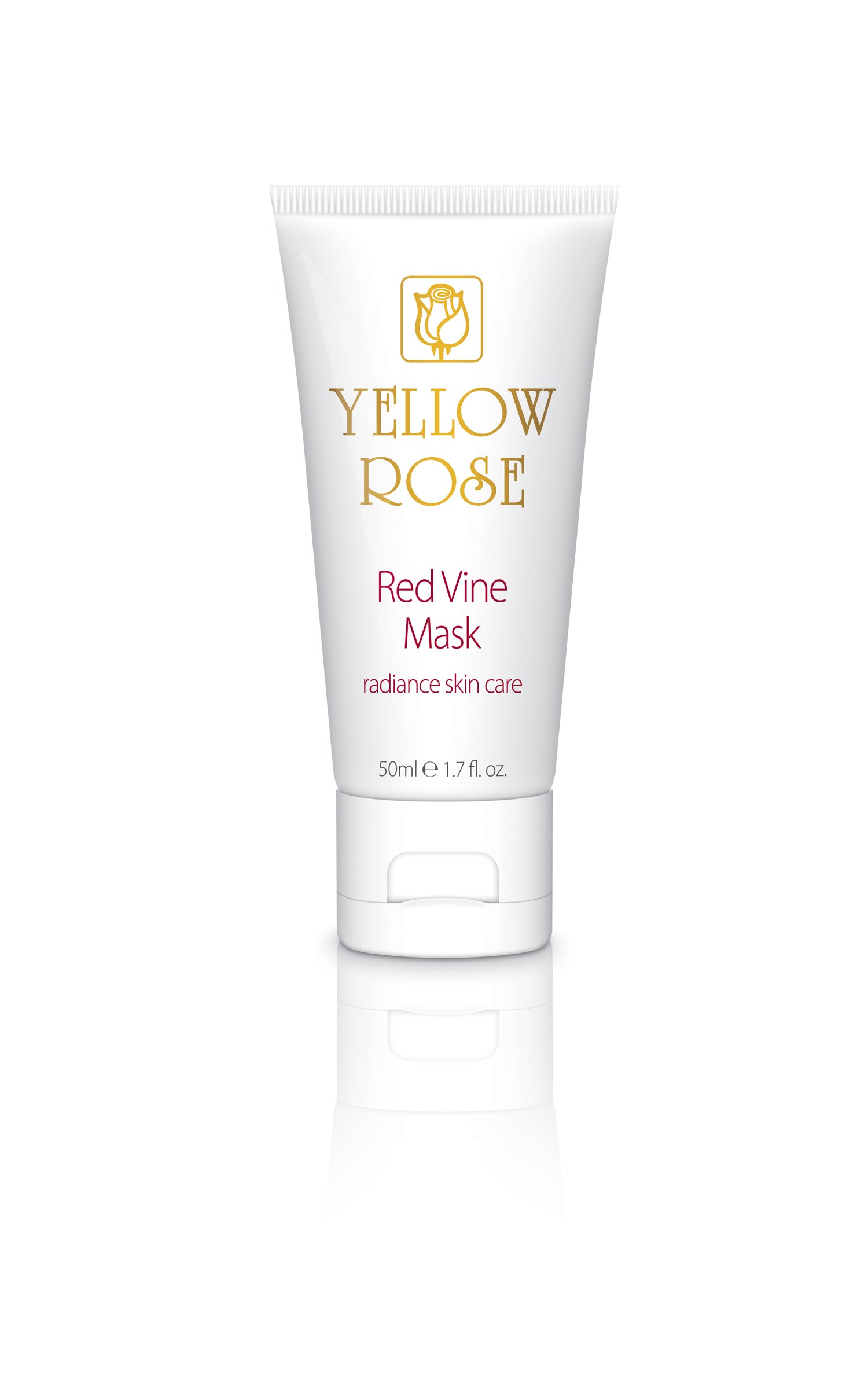 A tube of YELLOW ROSE Red Vine Face Mask, with the product name and a brief description visible.